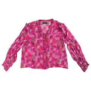 Emily Lovelock Women's Pink Floral Blouse with Smocked Cuffs Size 10-12